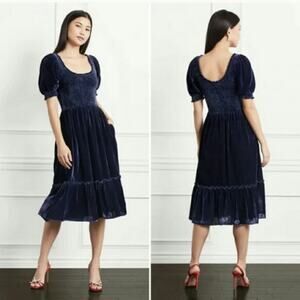 Hill House Louisa Nap Dress Navy Velvet Smocked Scoop Neck Ruffle Hem Midi M New